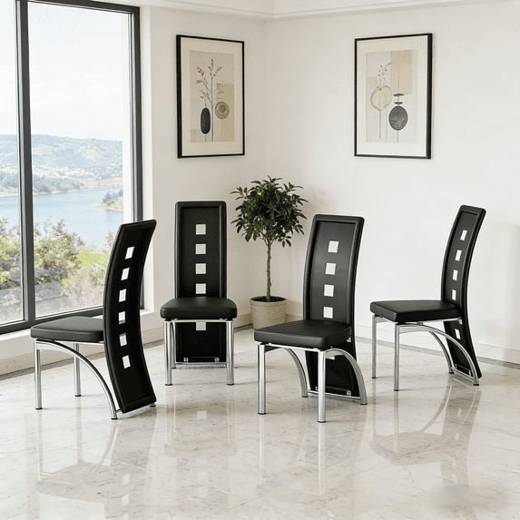 Modern Dining Chairs Set of 4, Black Dining Room Chairs Set of 4, Upholstered PU Leather Kitchen Chairs with Silver Metal Legs, High Backrest Armless Seating for Kitchen, Dining Room