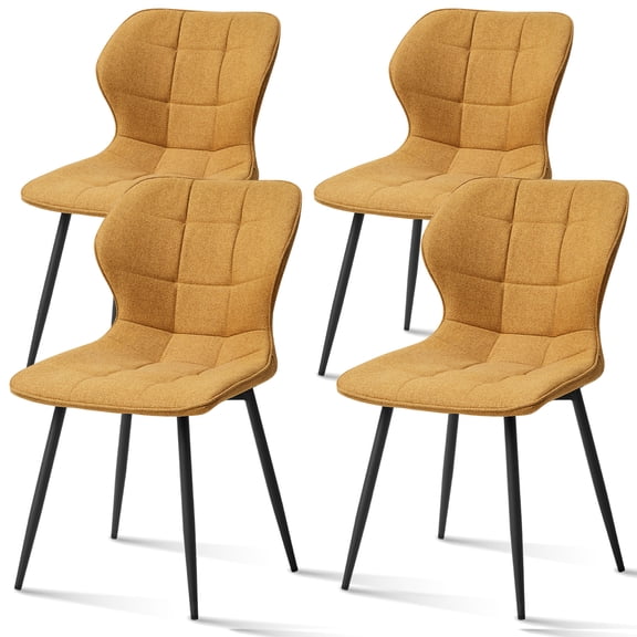 Modern Dining Chairs Set of 4 Mid Century Dining Kitchen Chairs Set Fabric Upholstered Armless Chair with Black Metal Legs for Living Room Kitchen Home Office, Yellow