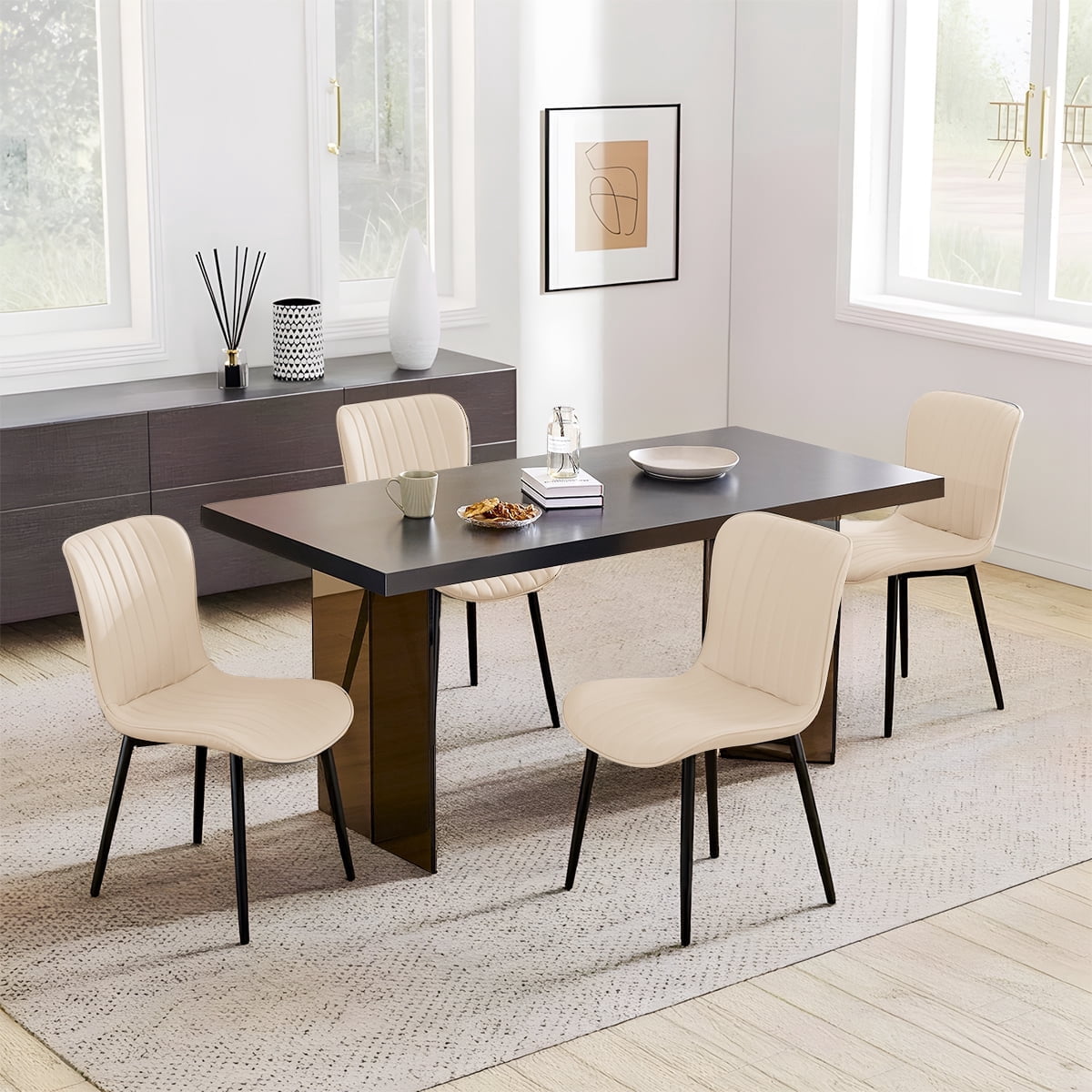 Modern Dining Chairs Set of 4, PU Leather Upholstered Kitchen Side Chairs with High Backrest, Heavy Duty, Cushions & Durable Metal Legs with Adjustable Feet for Kitchen, Dining Room,Restaurant,Beige