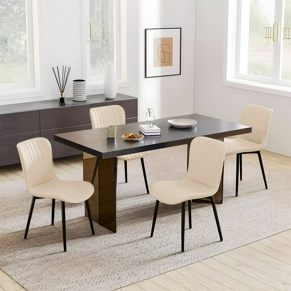 Modern Dining Chairs Set of 4, PU Leather Upholstered Kitchen Side Chairs with High Backrest, Heavy Duty, Cushions & Durable Metal Legs with Adjustable Feet for Kitchen, Dining Room,Restaurant,Beige