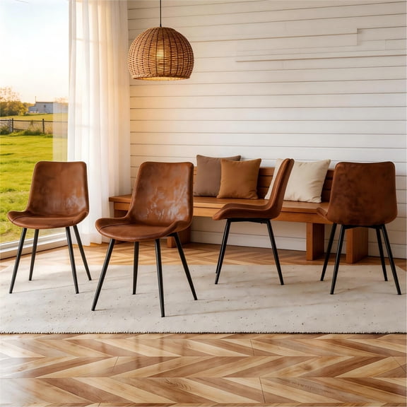 TesNus Dining Chairs Set of 4 Dark Brown Upholstered Suede Backrest Black Metal Legs Modern for Dining Room Living Room