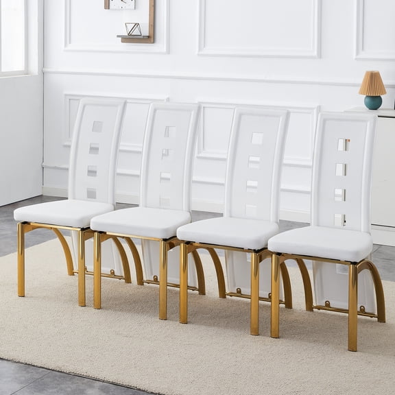 Modern Dining Chairs Set of 4, White Dining Room Chairs Set of 4, Upholstered PU Leather Kitchen Chairs with Gold Metal Legs, High Backrest Armless Seating for Kitchen, Dining Room