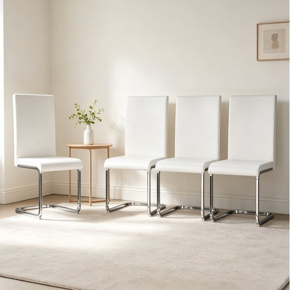 Modern Dining Chairs Set of 4, White Faux Leather Upholstered Chairs with Metal Sled Base, High Back Armless Side Chairs for Kitchen, Dining Room, Living Room, Home Office