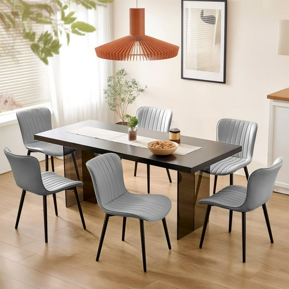Modern Dining Chairs Set of 6, PU Leather Upholstered Kitchen Side Chairs with High Backrest, Heavy Duty, Cushions & Durable Metal Legs with Adjustable Feet for Kitchen, Dining Room,Restaurant,Grey