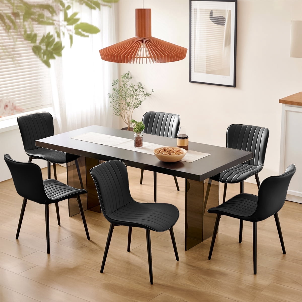 Modern Dining Chairs Set of 6, PU Leather Upholstered Kitchen Side Chairs with High Backrest, Heavy Duty, Cushions & Durable Metal Legs with Adjustable Feet for Kitchen, Dining Room,Restaurant,Black