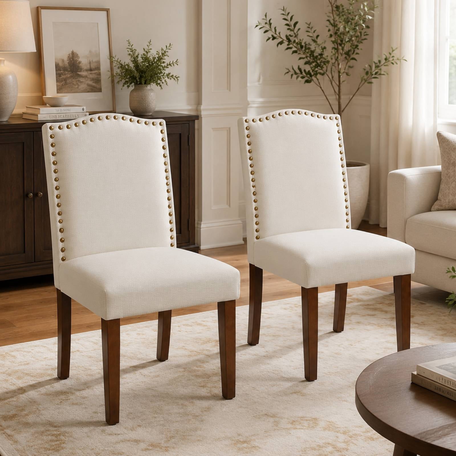 Modern Dining Chairs,Set of 2 Fabric Dining Room Kitchen Chair with Nailhead Trim, Comfy Side Chairs for Living Room, Beige