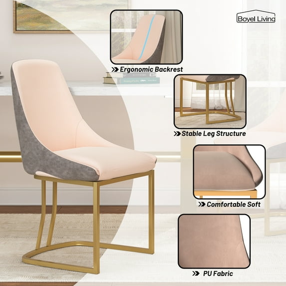 Modern Dining Chairs Set of 2, Fabric +PU Chair with Metal Legs for Living Room,Kitchen, Grey