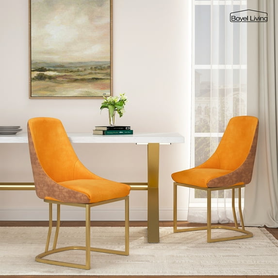 Modern Dining Chairs Set of 2, Fabric +PU Chair with Metal Legs for Living Room,Kitchen, Orange