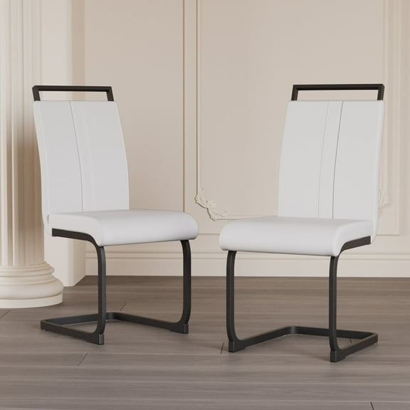 Modern Dining Chairs Set of 2, White PU Faux Leather Upholstered Side Chair with C-Shaped Matt Black Metal Legs for Kitchen, Office, Guest
