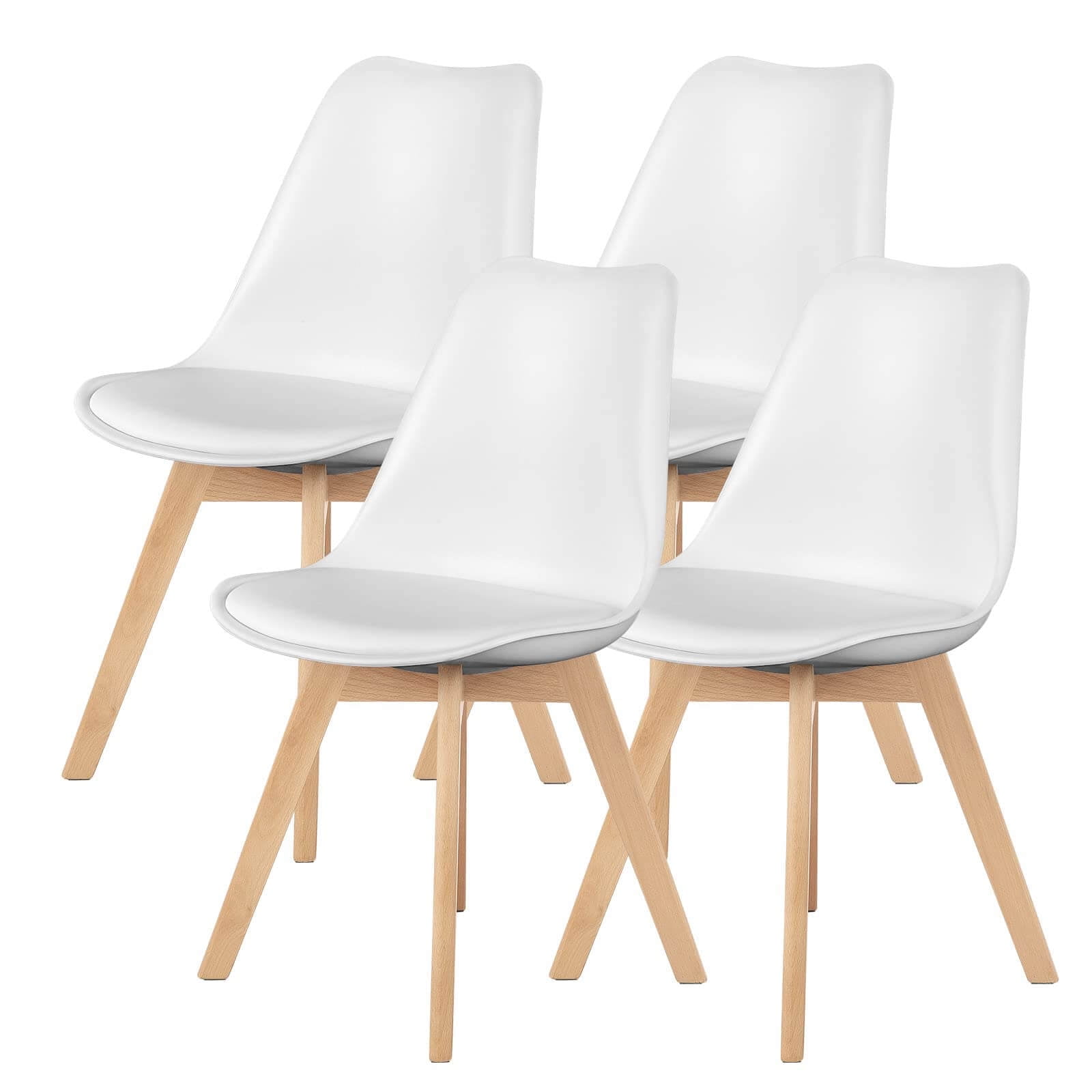 Modern Dining Chairs Set of 4 PU Leather Padded Chair Seat, Armless Kitchen & Dining Room Chairs with Curved Backrest for Home, Kitchen Island, White