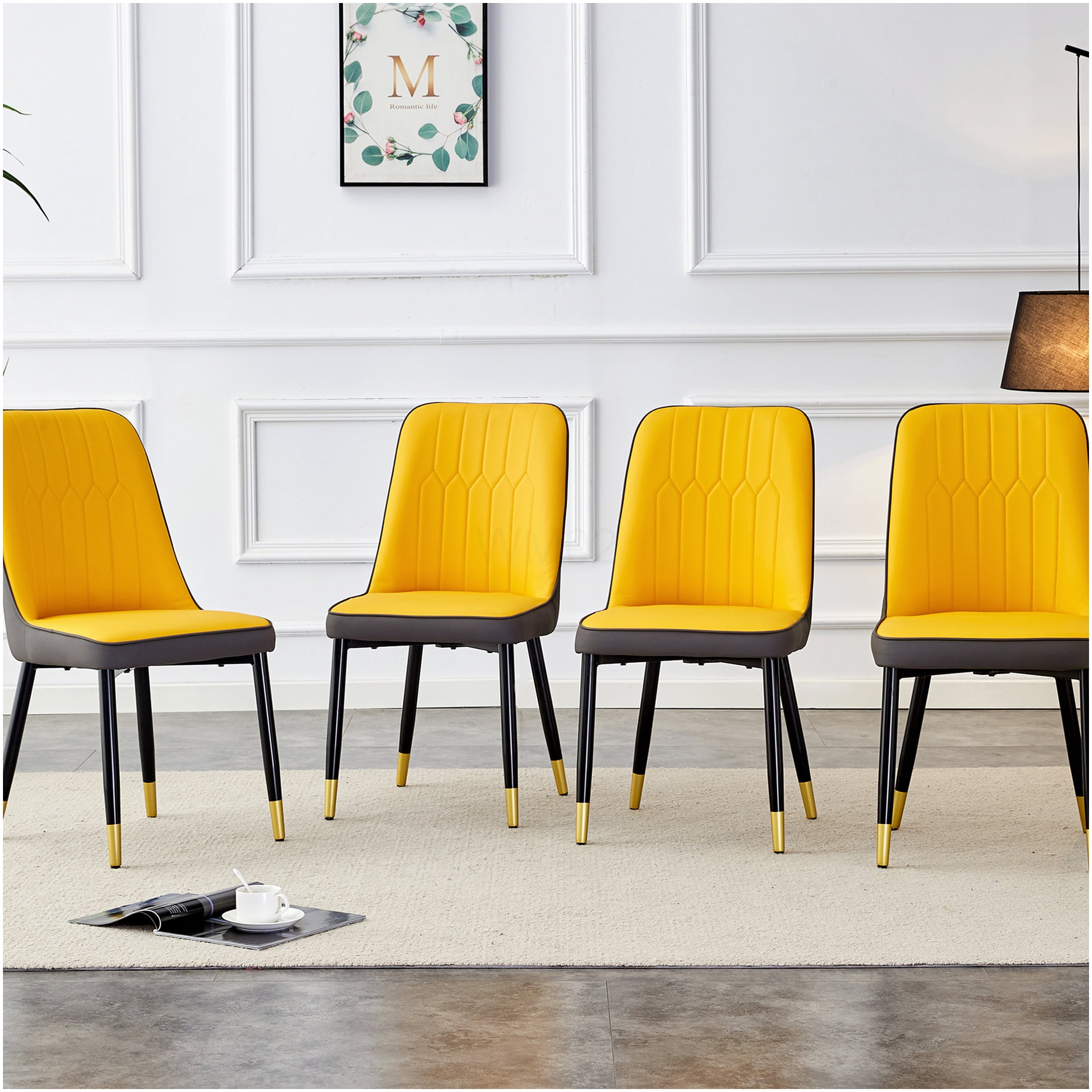Modern Dining Chairs Set of 4, PU Leather Upholstered Side Chairs with Black Metal Legs for Kitchen Dining Room Office