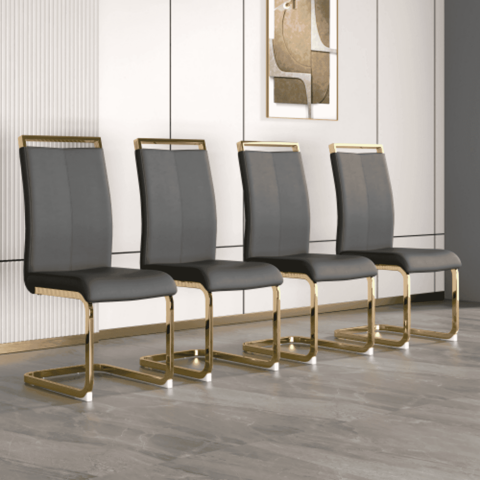 SUDICA Set of 4 Gray Faux Leather Dining Chairs, High Back Design with Gold Metal Legs for Dining Room