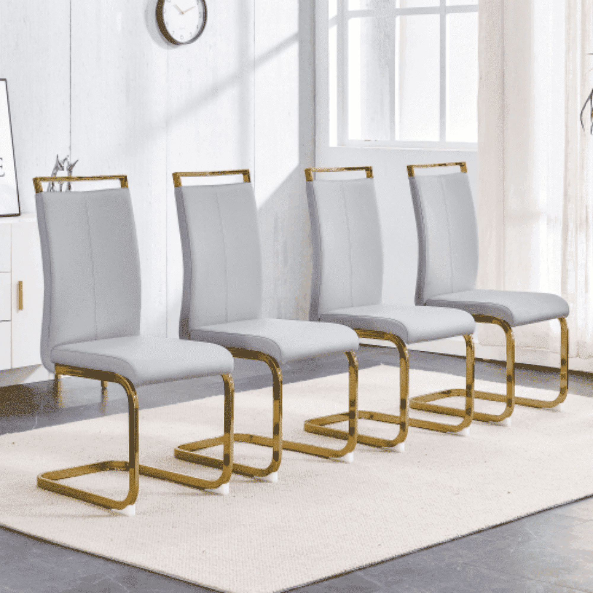 SUDICA Modern Light Grey Faux Leather Dining Chairs Set of 4, High Back Upholstered Seats with Gold Metal Legs for Dining Room