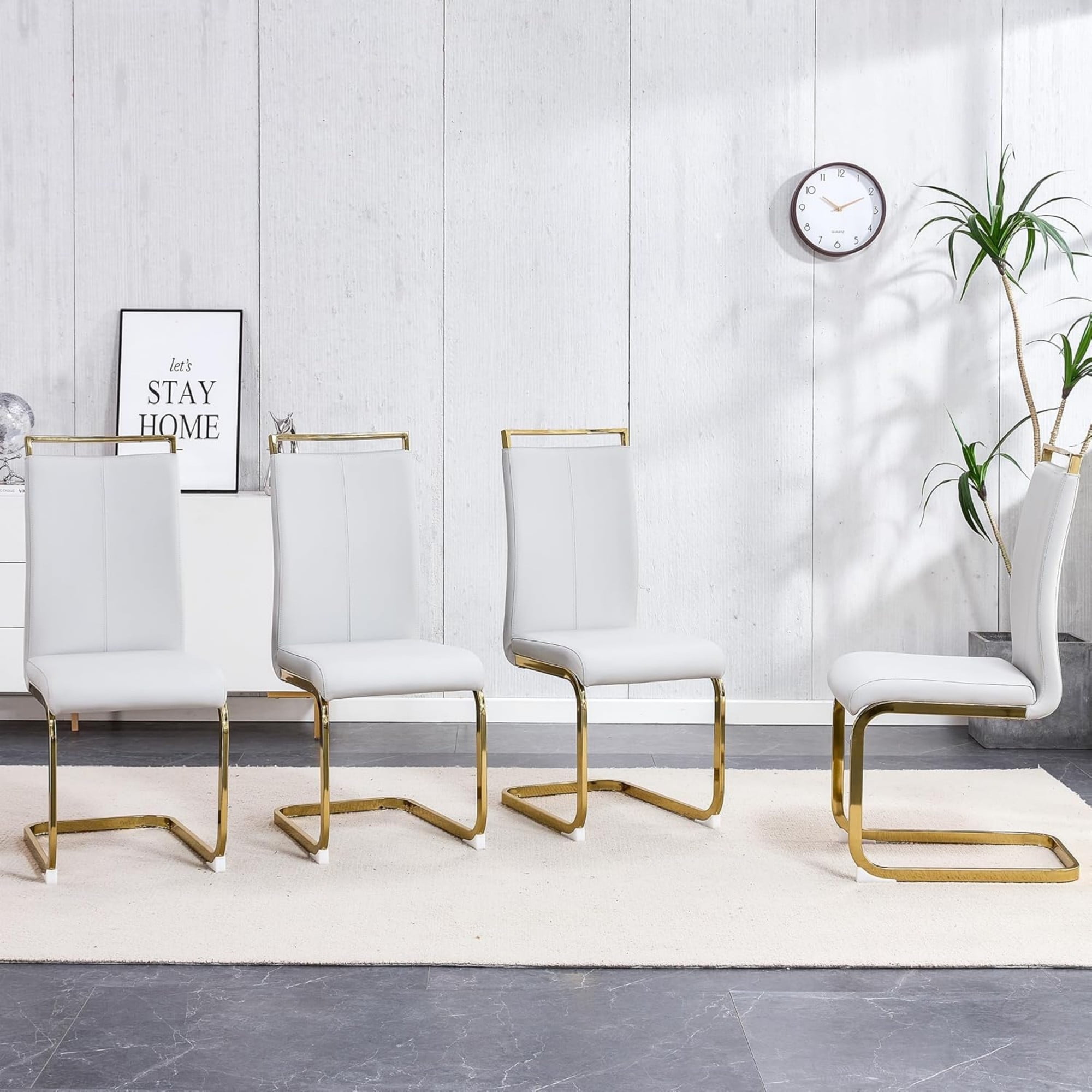 SUDICA Set of 4 Modern PU Leather Dining Chairs, White High Back Upholstered Seats with Gold C-Shaped Metal Legs for Dining Room or Kitchen