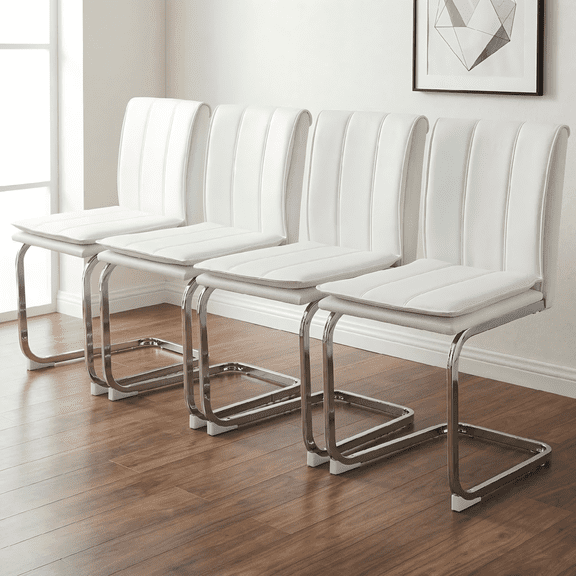 Modern Dining Chairs Set of 4 White PU Leather Kitchen Restaurant Chairs with Silver Plated Metal Legs for Kitchen Living Room Bedroom Office Use