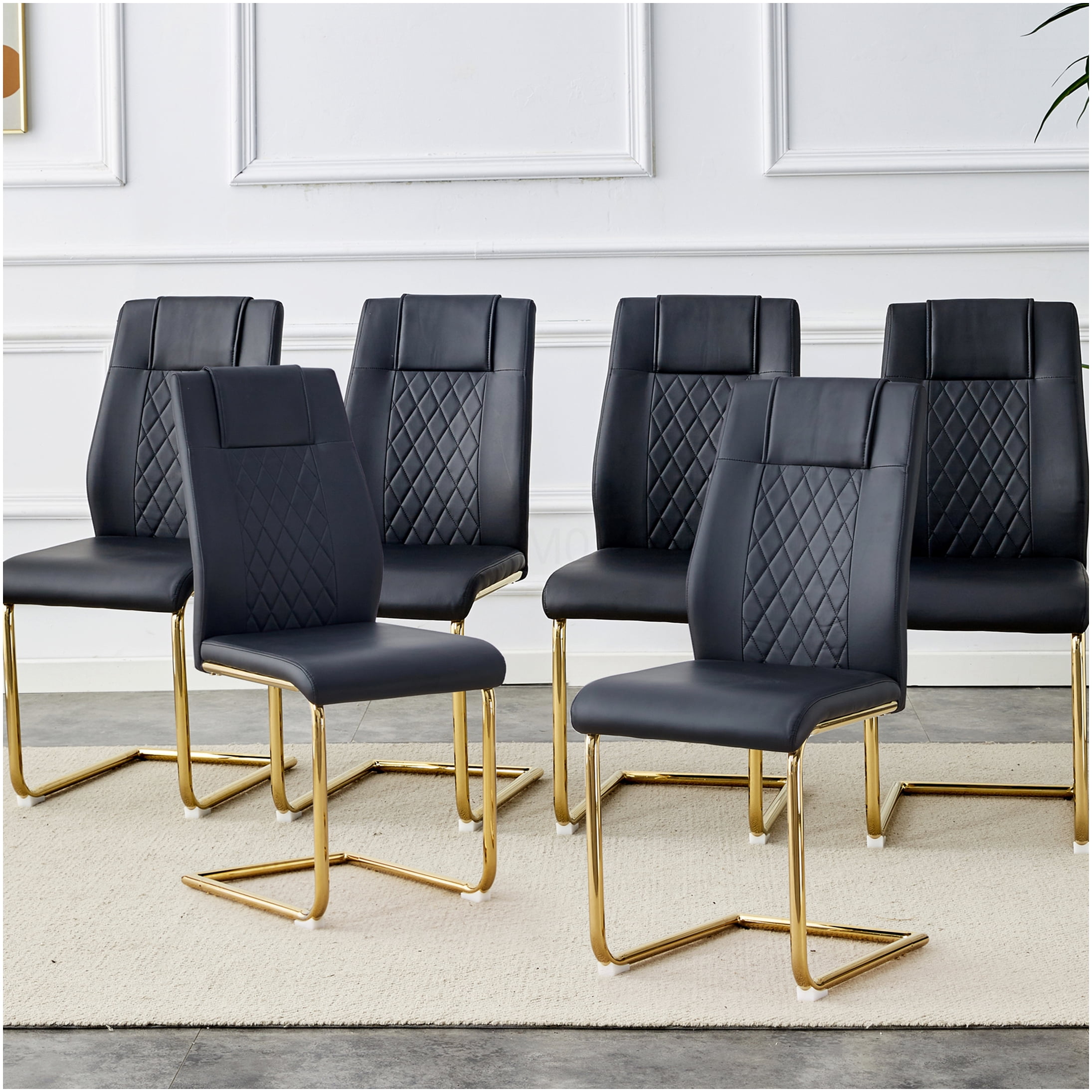 Modern Dining Chairs Set of 6, Black PU Leather Upholstered Side Chairs with Gold Metal Legs for Kitchen Dining Room