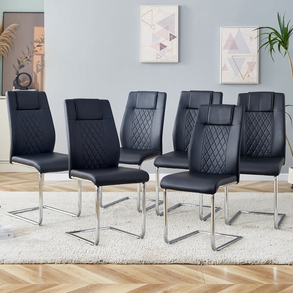 Modern Dining Chairs Set of 6, Faux Leather Padded Seat, Metal Legs, Upholstered Design for Kitchen, Living Room, Bedroom, Dining Room - Black+PU