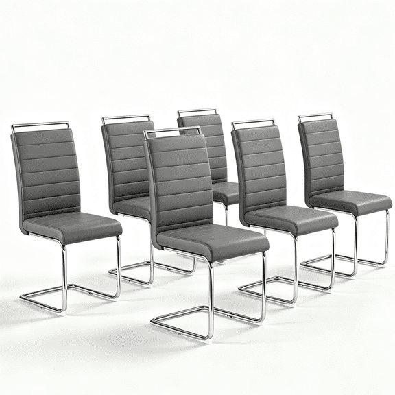 Modern Dining Chairs Set of 6, High Back PU Leather Upholstered, C-Shaped Cantilever Steel Frame, Armless Chairs for Kitchen, Office
