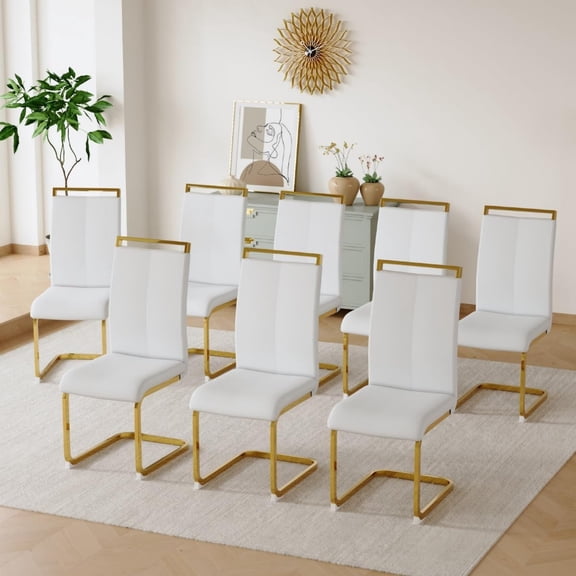 Modern Dining Chairs Set of 8 Sudica Faux Leather Dining Room Chairs with Golden Legs High Back Chair,White