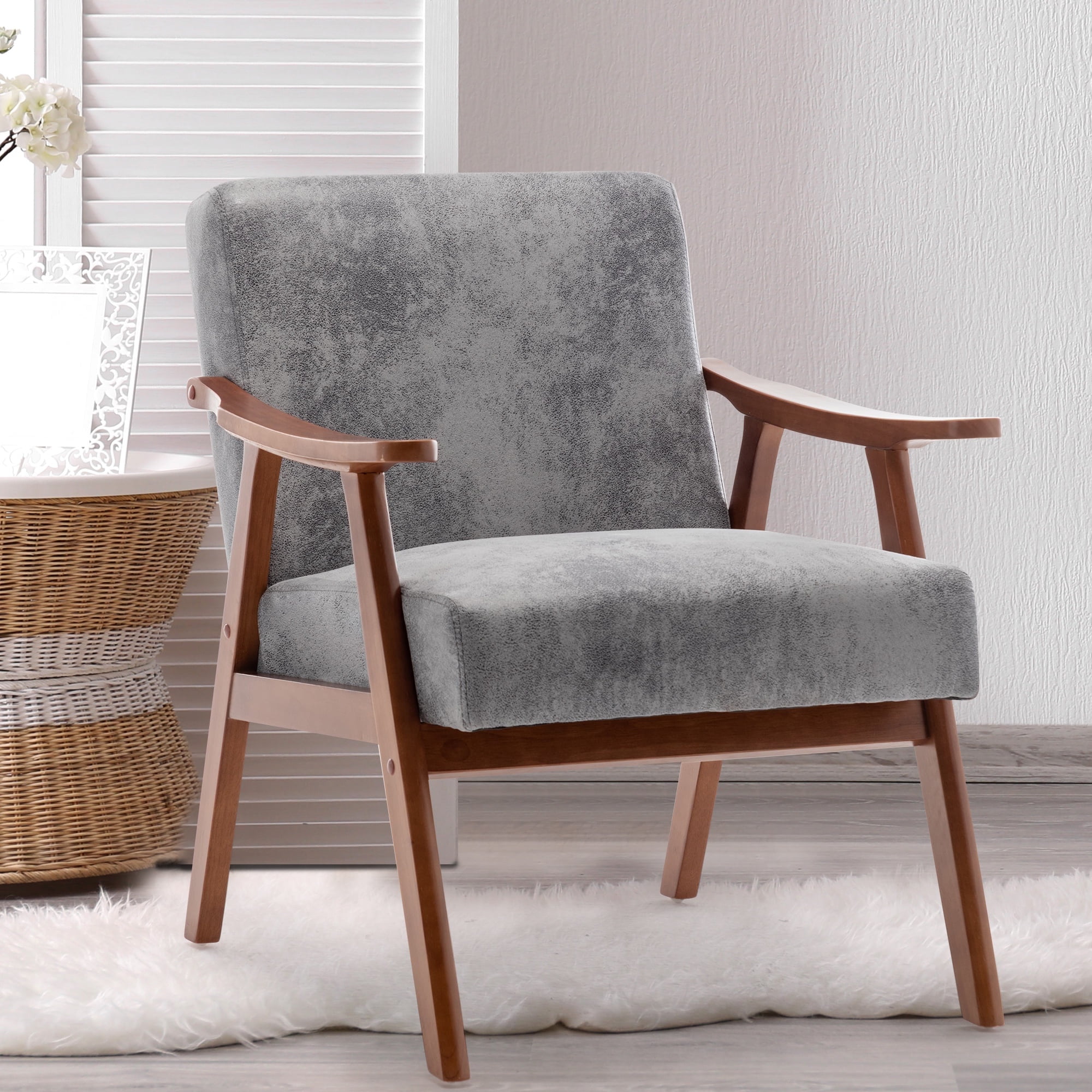 Mid-Century Modern Accent Chair, Velvet Upholstered Lounge Chair with Solid Wood Frame, Extra-Thick Backrest Wingback Chair for Living Room, Bedroom, Reading Nook