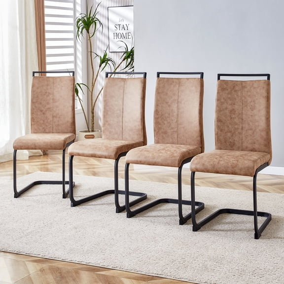 Modern Dining Chairs, Tech Cloth High Back Upholstered Side Chair with C-Shaped Tube Black Metal Legs, for Dining Room, Kitchen, Vanity, Club, Guest Room, Office (Set of 4), Brown