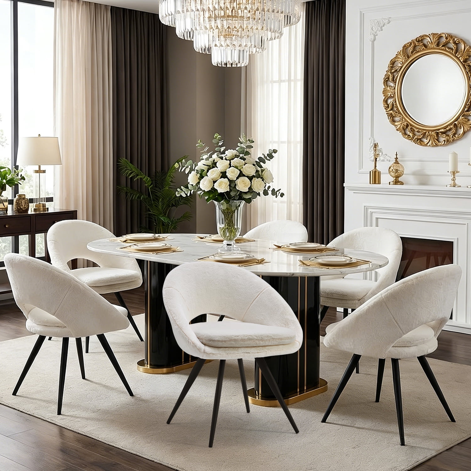 Modern Dining Chairs set of 6 Upholstered Kitchen Chairs Dining Room Chairs Comfortable Side Accent Chairs with Curved Back for Kitchen Living Room Restaurant (White)