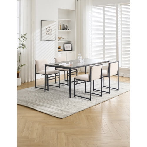 Modern Dining Chairs set of 2, Upholstered Linen cushions and backrest with minimalist craft iron racks, Ivory