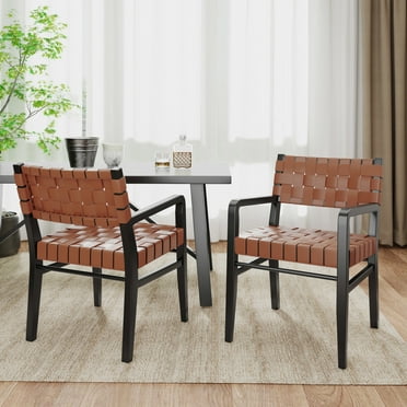 Modern Dining Chairs with Rubberwood Frame and PU Leather Upholstery, Black+Brown, Set of 2