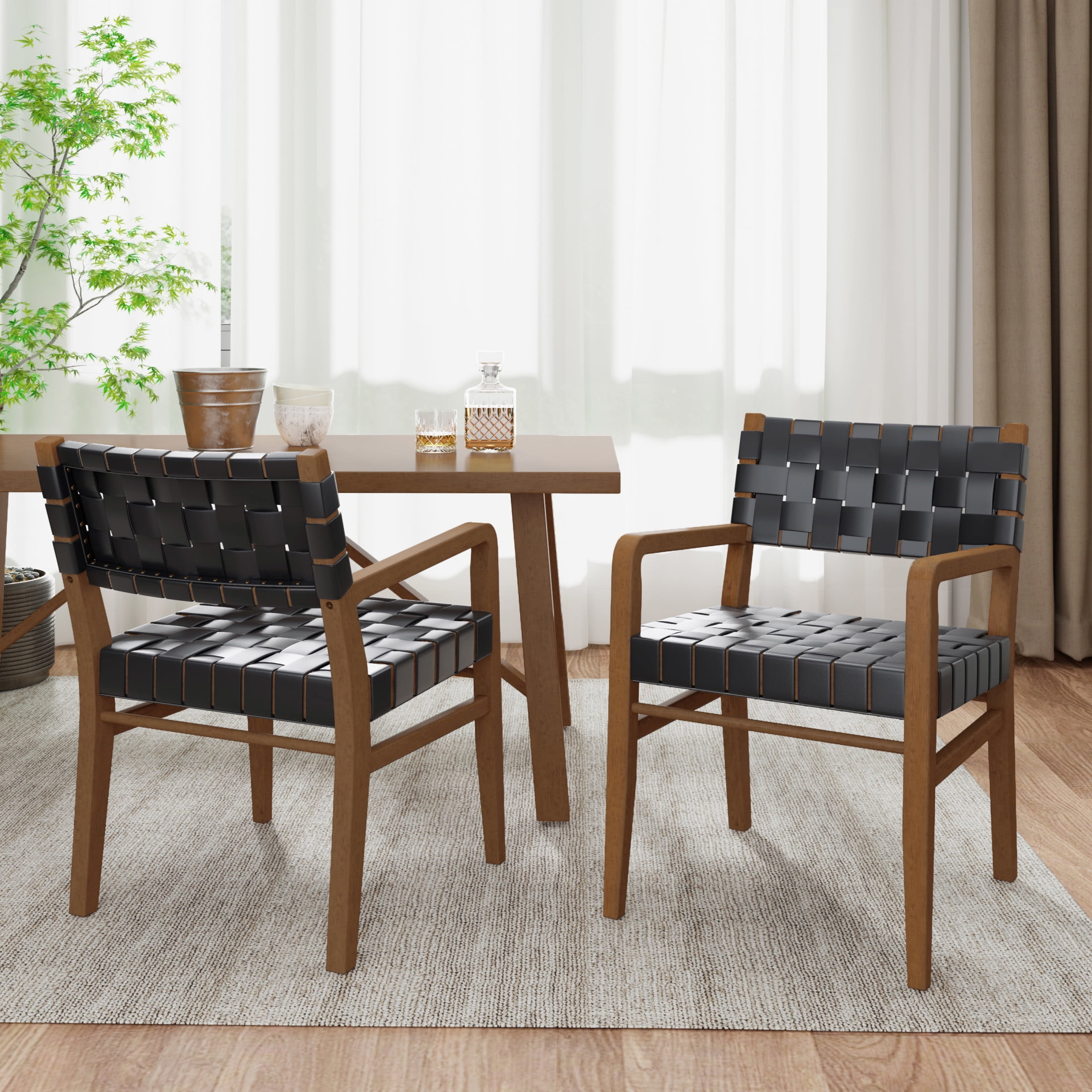 Modern Dining Chairs with Rubberwood Frame and PU Leather Upholstery, Walnut+Black, Set of 2