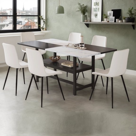 Modern Dining Furniture Set, 71" White & Black Spliced Dining Table With Storage Function In The Middle Of The Table Legs, Paired With 6 White Faux Leather Chairs With Curved Widened Cushion Design