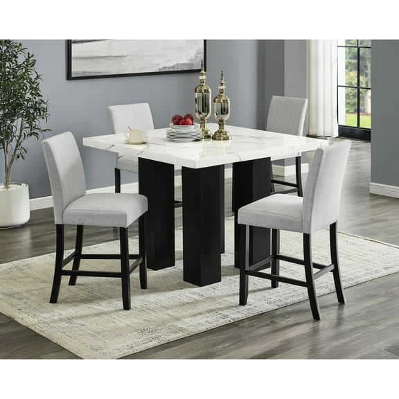 Modern Dining Furniture - Square Faux Marble Table Top, Gray Upholstered Chairs, Solid Wood, Seating For 4, Room Essentials Counter Height Surface, Seats, Shape,