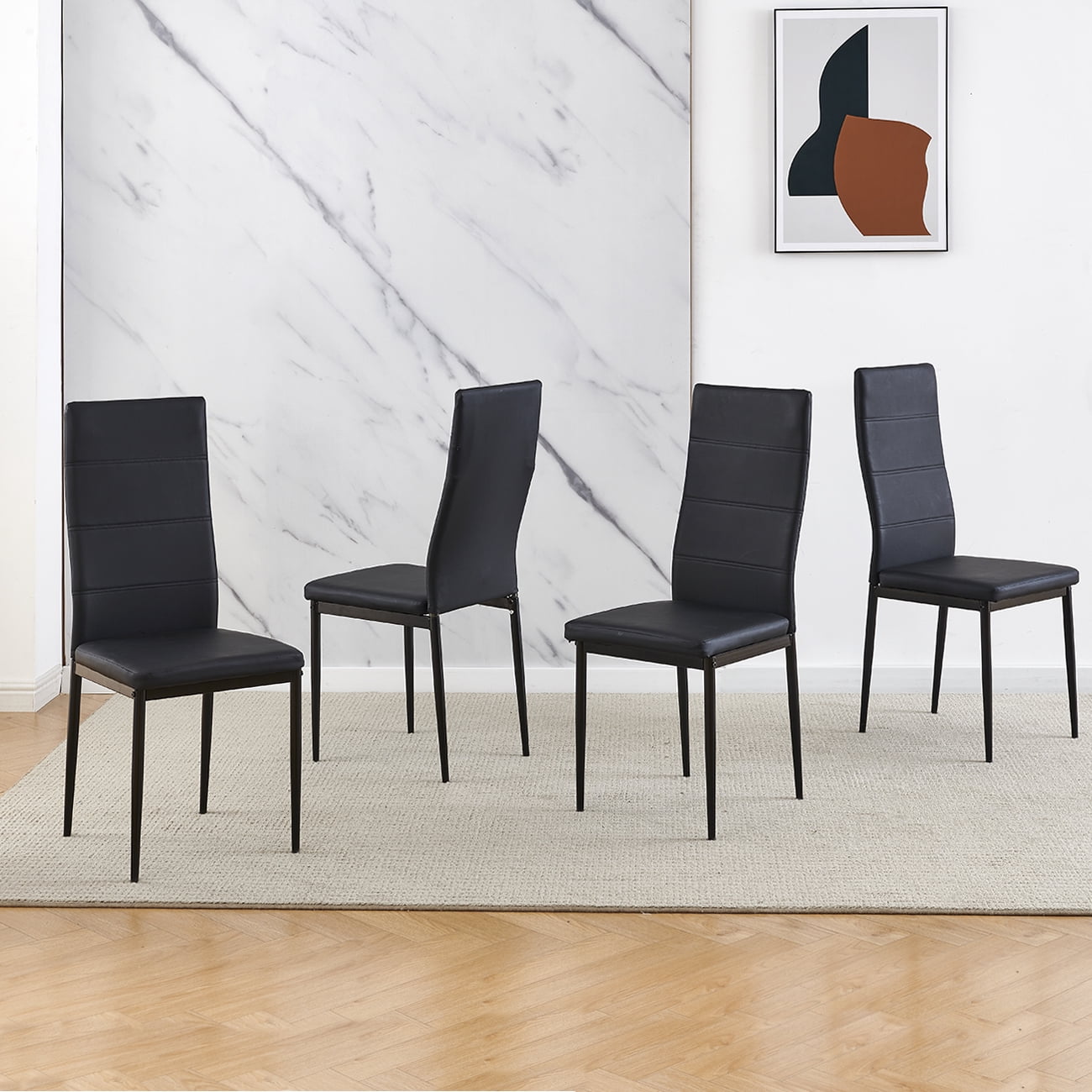 Modern Dining Room Chair Only Set of 4 Small Kitchen Chairs Black Faux Leather Metal Legs Comfy Upholstered Padded Seat, Occasional Home Office Chairs for Party Restaurant Dinette