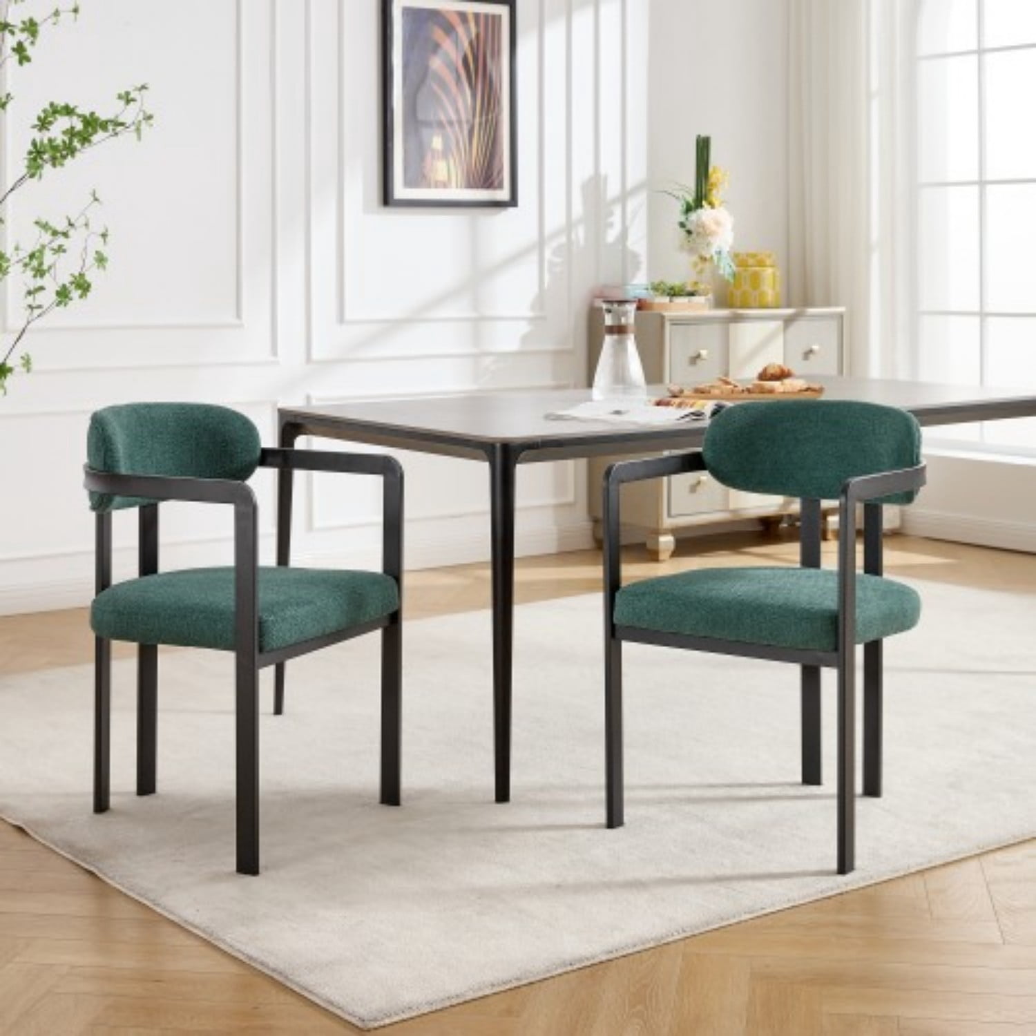 Modern Dining Room Chairs Set of 2 Mid Century Upholstered Boucle Dining Chairs with Curved Backrest Black Metal Legs Kitchen Side Chairs, Antique Green