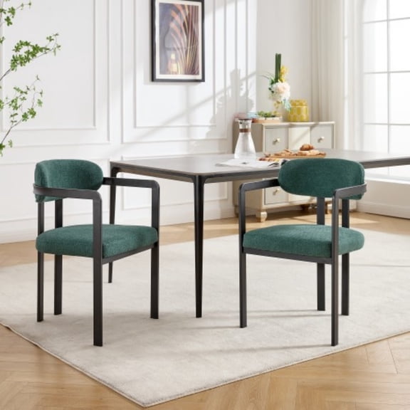 Modern Dining Room Chairs Set of 2 Mid Century Upholstered Boucle Dining Chairs with Curved Backrest Black Metal Legs Kitchen Side Chairs, Antique Green