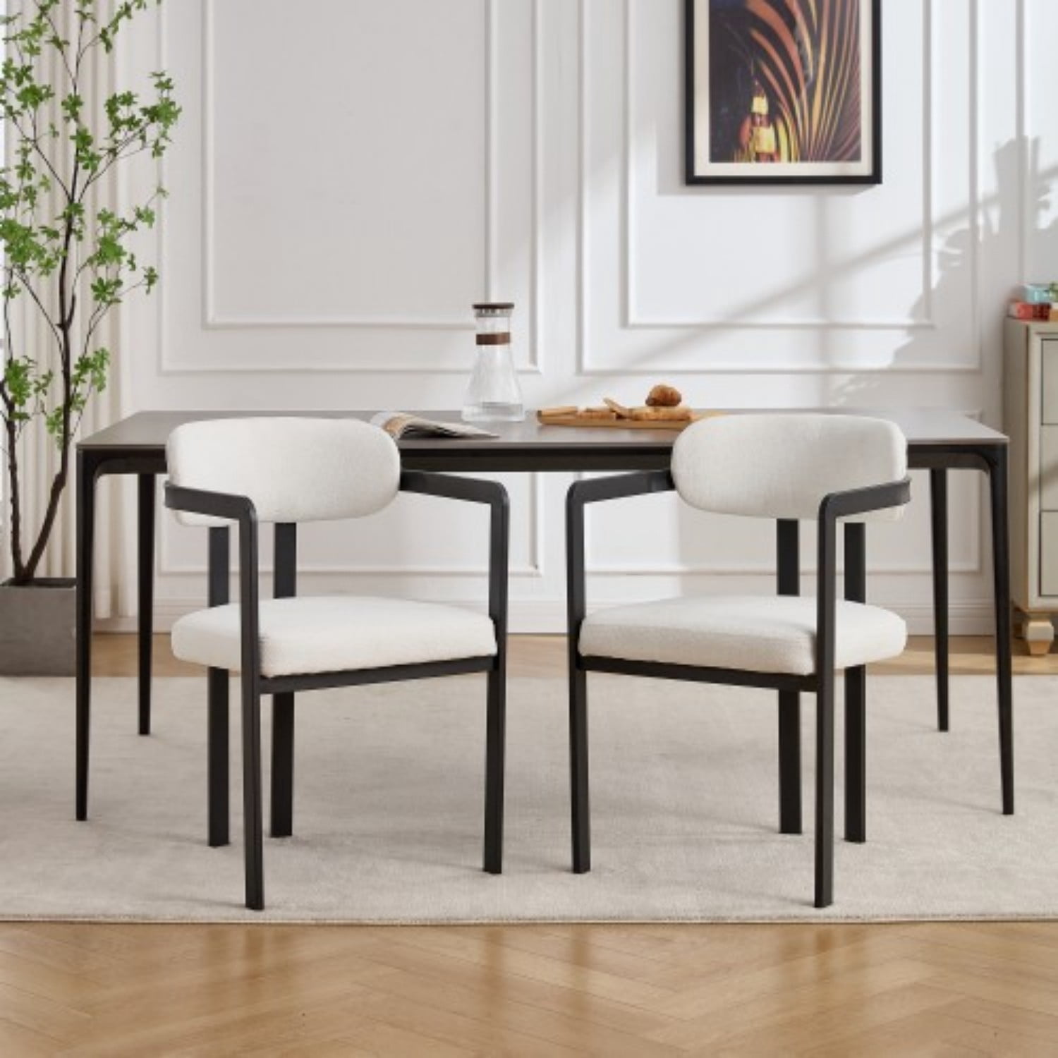 Modern Dining Room Chairs Set of 2 Mid Century Upholstered Boucle Dining Chairs with Curved Backrest Black Metal Legs Kitchen Side Chairs, Beige
