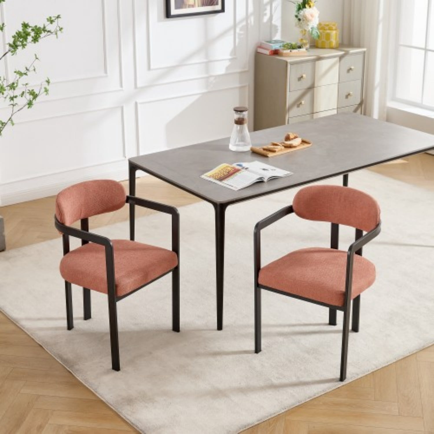 Modern Dining Room Chairs Set of 2 Mid Century Upholstered Boucle Dining Chairs with Curved Backrest Black Metal Legs Kitchen Side Chairs, Orange