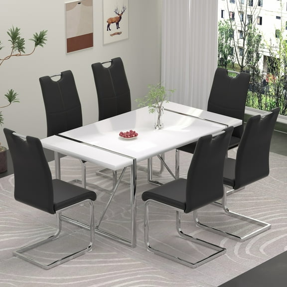 Modern Dining Room Set,71" White Dining Table Sets For 6,1 Table and 6 Chairs
