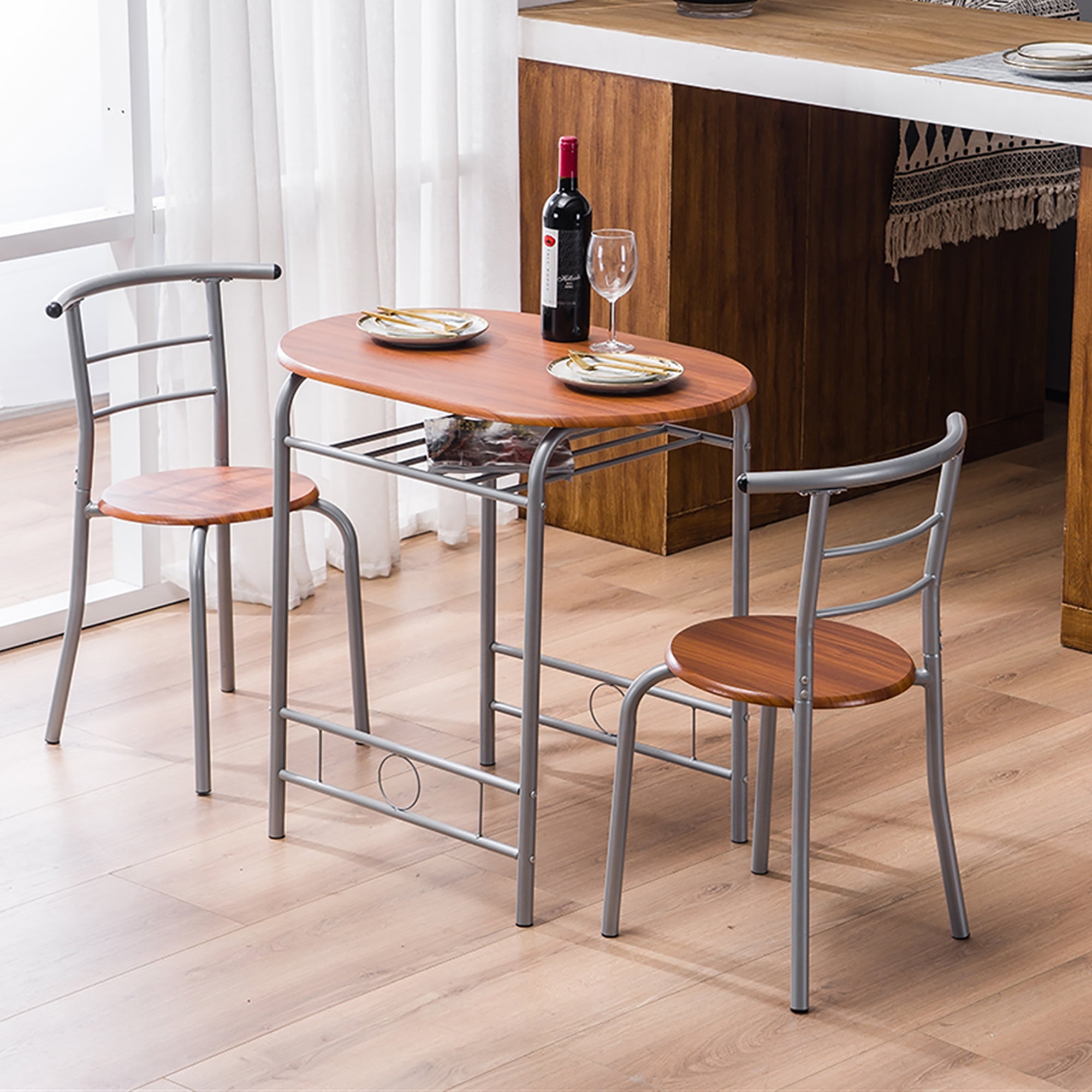Modern Dining Room Sets, Seizeen 3 Pieces Oval Table & Chair Set, Brown Kitchen Table Set with ...