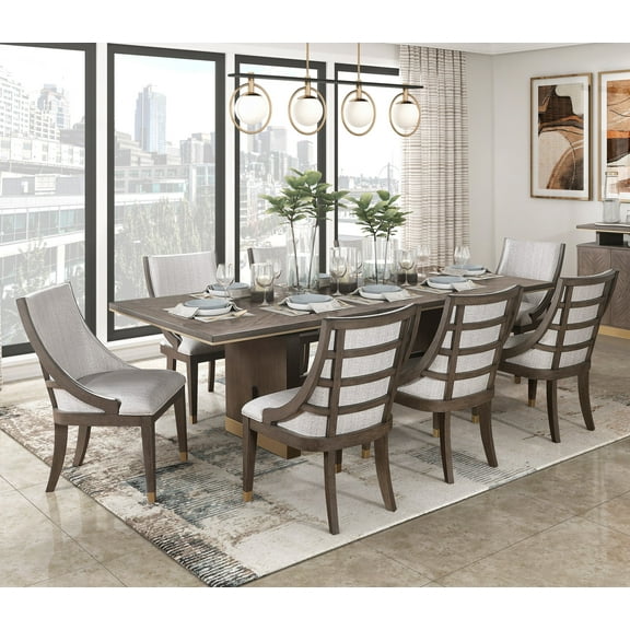 Modern Dining Set 9pc Extendable Dining Table and 8 Arm Chairs Brown Finish with Gold Tipping