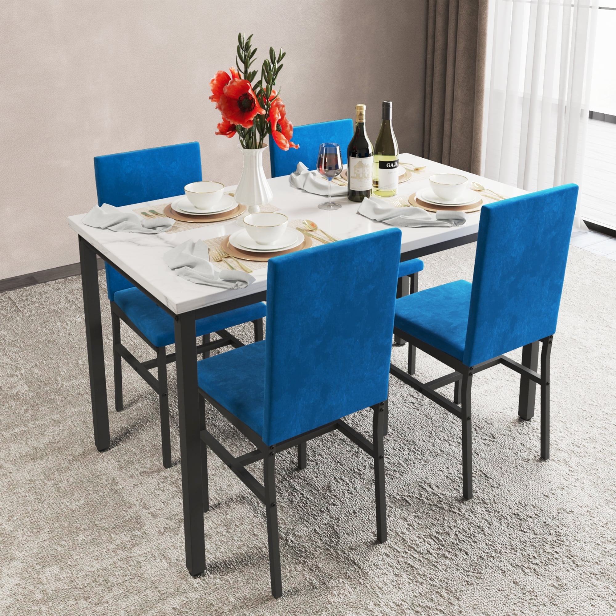 Modern 5-Piece Dining Set with White Marble Table Top and 4 Blue Velvet ...