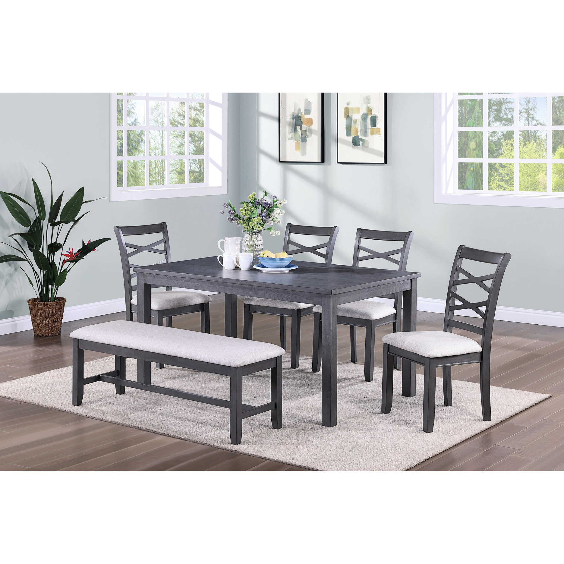 Modern Dining Set with 60-inch Rectangular Table, 4 Chairs and Bench ...