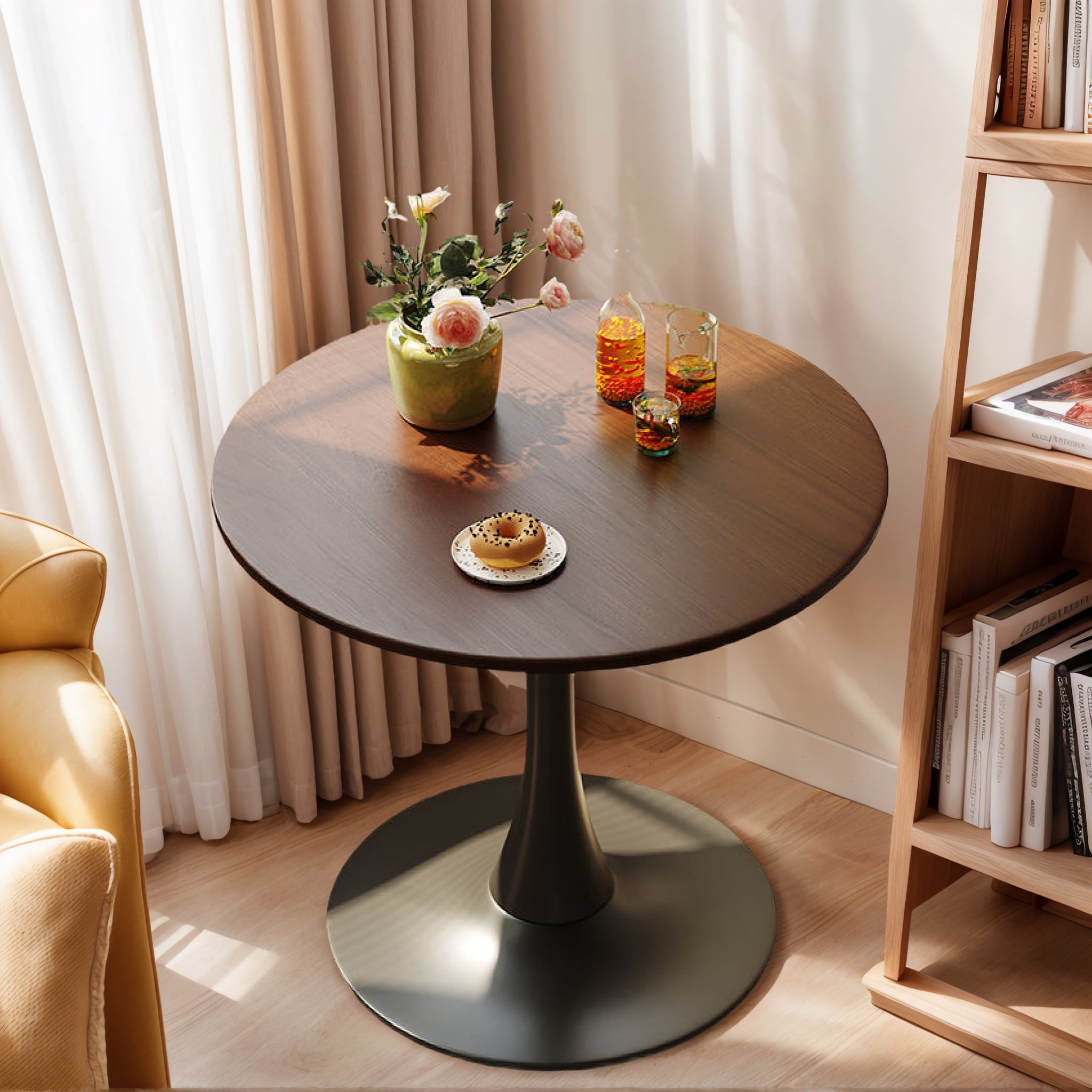 Modern Dining Table,24 Inch Round Table,MDF Top and Steel Base Tulip Round Kitchen Table,Coffee Table for Living Room,Walnut