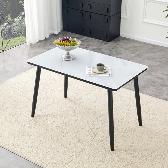 Modern Dining Table for 4-6 People 47" Rectangular Kitchen Table with Faux Marble Tabletop and Sturdy Black Metal Legs Easy Assembly Space Saving Dining Table for Dining Room Living Room Apartment