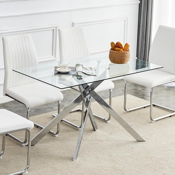Modern Dining Table for 4 People, 51" Rectangle Dining Table with Silver Chrome Metal X-Base, Rectangular Tempered Glass Dining Table, Large Kitchen Dining Room Tables Luxury Dinner Table