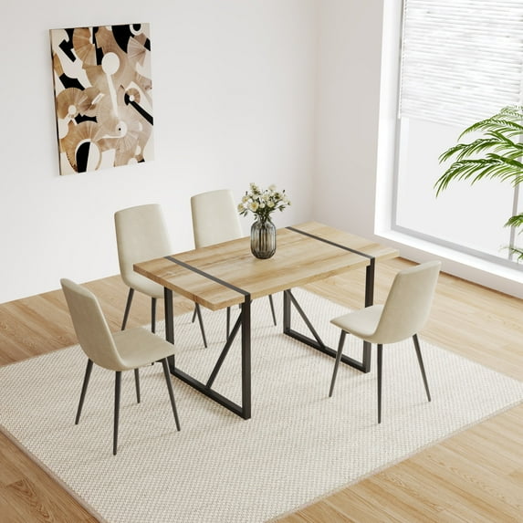 Modern Dining Table 5-Piece Kitchen Table Set for 4, 55 Inch Rectangular Wood Dining Table with 4 Suede Chairs for Kitchen, Dining Room