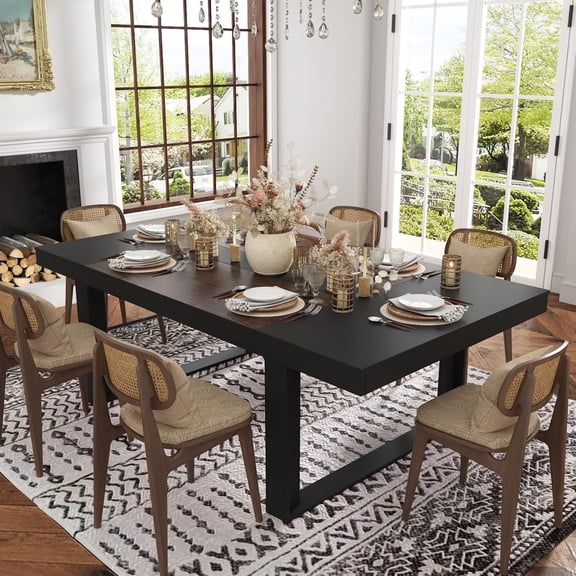 Modern Dining Table for 6-8 People, 86” Large Kitchen Table with Wooden Frame Legs, for Dining Room Kitchen Office Black and Brown 86.8”W x 47.2”D x29.4”H