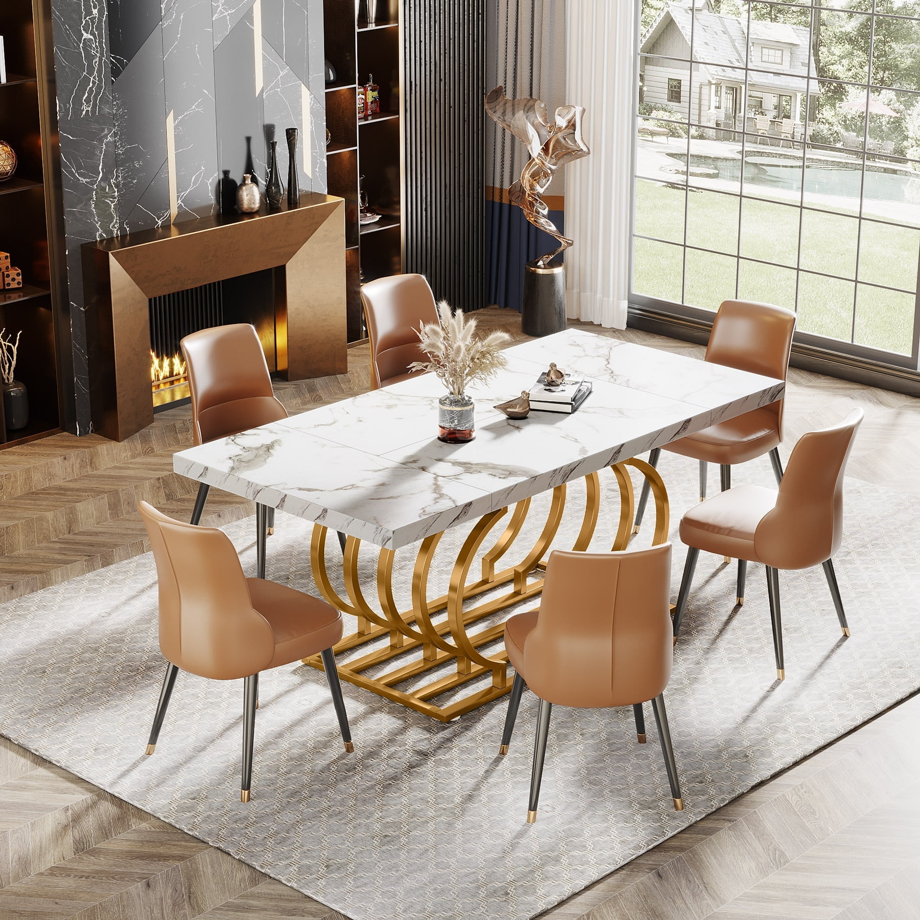 Modern Dining Table, 63" Faux Marble Wood Kitchen Table for 6-8 People ...