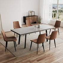 Modern Dining Table 7-Piece Kitchen Table Set for 6 People Rectangular Wood Dining Table with 6 Upholstered Leather Chairs