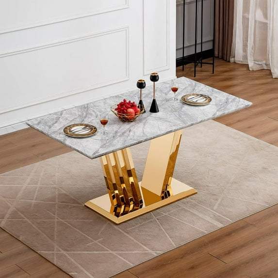 Modern Dining Table 70" Rectangular Kitchen Table with Imitation Marble Grain MDF Wooden Top & Iniregular Gold Base,Faux Marble Dinner Furniture for Kitchen Dining Room/Meeting Room