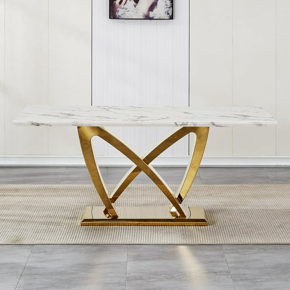 Modern Dining Table 70" Rectangular Kitchen Table with Imitation Marble Grain MDF Wooden Top & Iniregular Gold Base,Faux Marble Dinner Furniture for Kitchen Dining Room/Meeting Room
